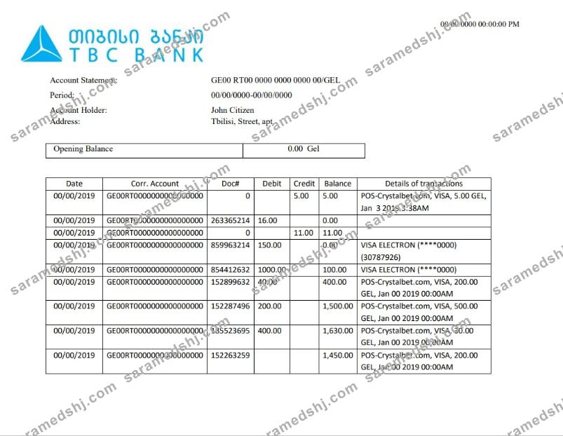 Georgia TBC bank proof of address statement template in Word and PDF format